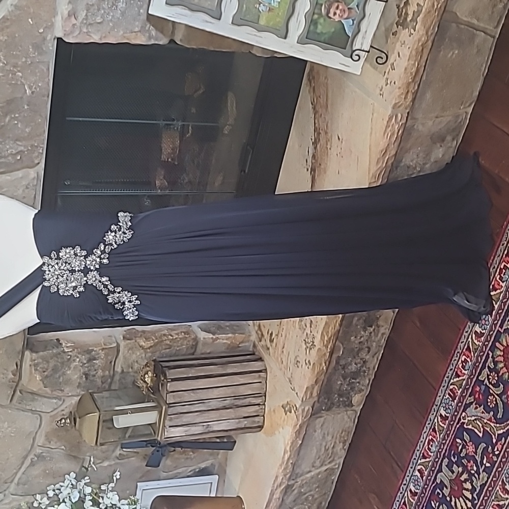 Xscape Navy One-Shoulder Evening Gown with Crystal Motif